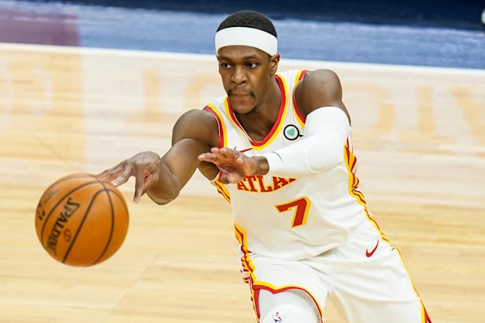 Jan 22, 2021; Minneapolis, Minnesota, USA; Atlanta Hawks guard Rajon Rondo (7) passes during the second quarter against the Minnesota Timberwolves at Target Center. Mandatory Credit: Brace Hemmelgarn-USA TODAY Sports
